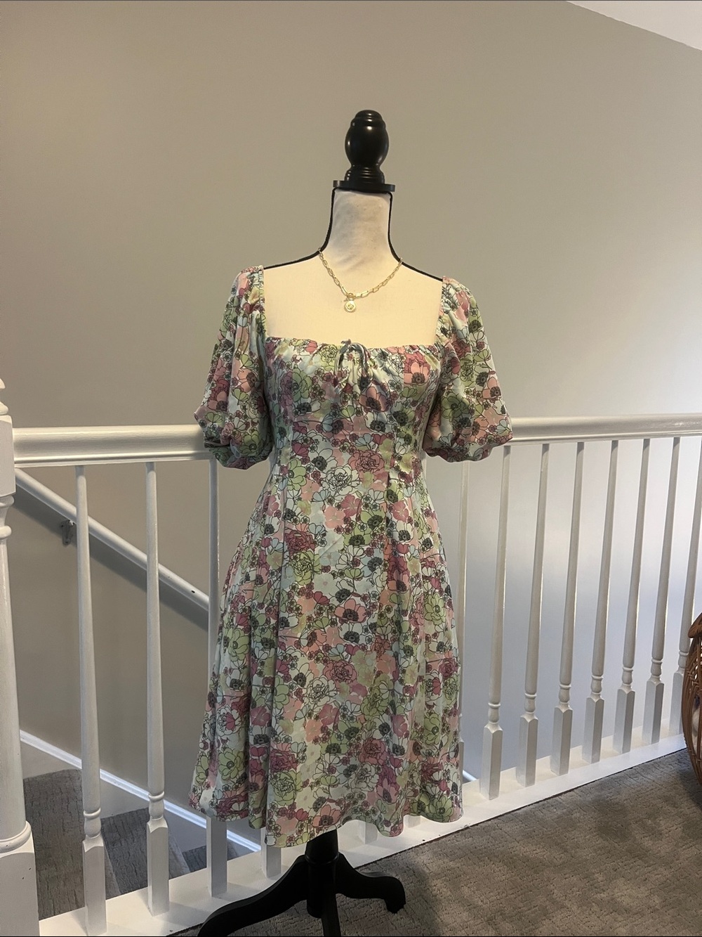 BCBGeneration Pastel Floral Square-Neck Midi Dress with Puff Sleeves